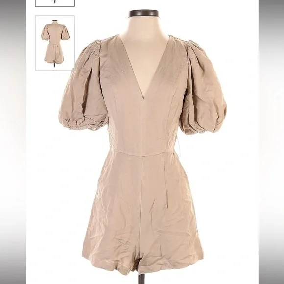 Express Linen-Blend Puff Sleeve Romper - Picture 3 of 7